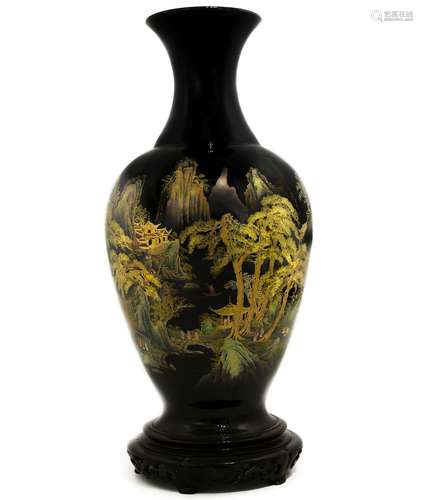 Vase with landscape depiction on a black background. XX Century, China. H cm 115 with base.