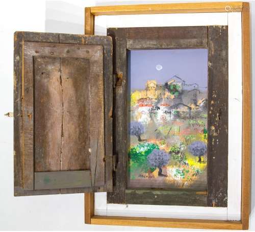 Manlio Bacosi (Perugia 1921-1998). Landscape. 34x19, oil paint on wood. On an old window frame.
