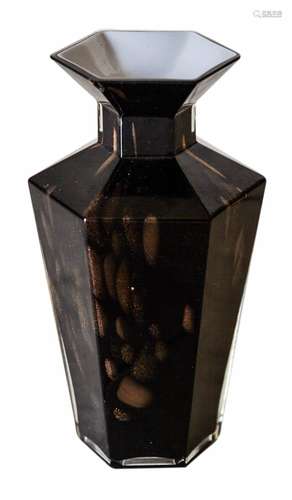 Black, jacketed glass vase with aventurine processing (gold). From the 1970s. H cm 23. Minor chip on