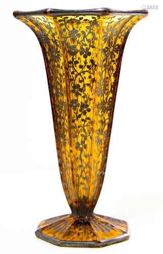 Deco vase, yellow glass with silver decorations. H cm 20