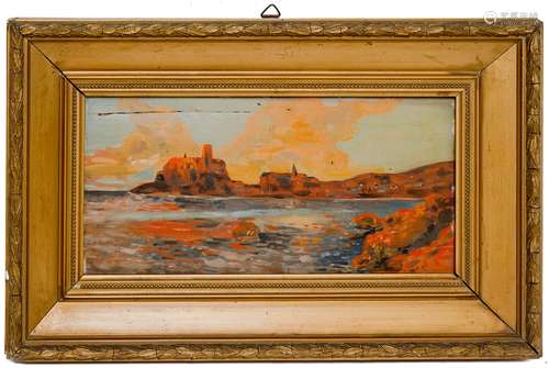 Painter form the 20th century. Seashore landscape. 15cm x 30,5cm, oil on wood. dated on the back