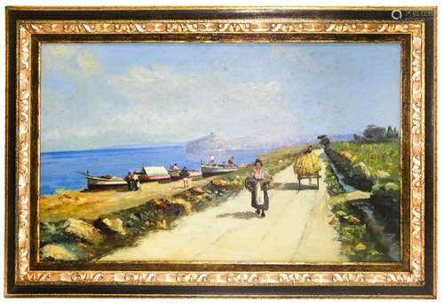 Sicilian painter form late 19th century. Road to Cefalù. 63cm x 100cm, Oil paint on wood.