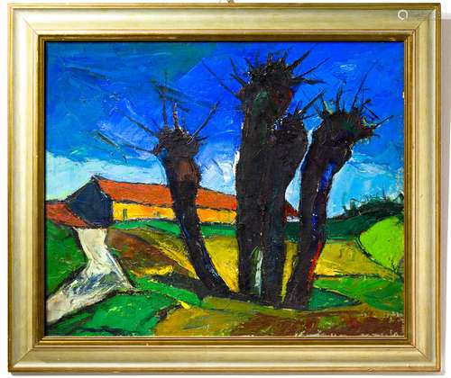 Giovanni Alico (Catania, 1906 - Milan, 1971). Landscape with trees. 49cm x 59cm, Oil paint on