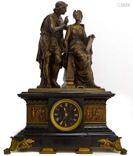 Clock in belgian, black marble and bronze, with bronze sculpture depicting allegory of music and