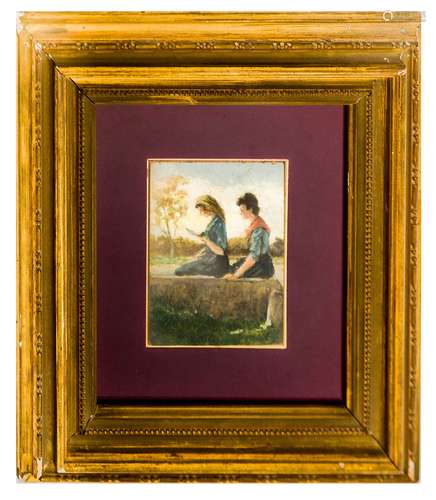 Italian painter, late 20th century. Young women. 14cm x 11cm oil paint on wood. Signed Lega.