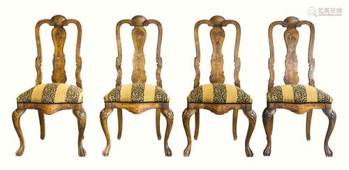 4 chairs, wooden back with inlaid works and flower decorations. From the 20th century