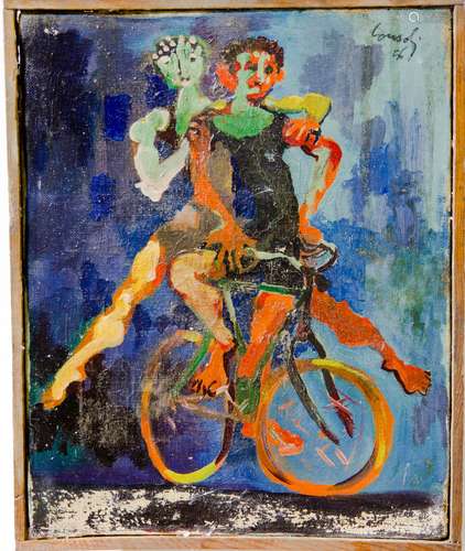 Giuseppe Consoli (Catania 1919- Catania 2010). Ragazzo in bicicletta. 25,5x31 olio su tela.