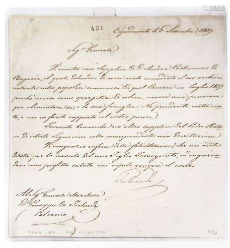 Signed letter by Ferdinando II, King of the two Sicilies 6/9 1839, to the Generale Marchese D.