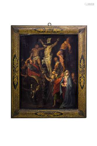 Painter from the 18th century. Crucifixion. 51,5cm x 40cm, oil paint on wood. Defects