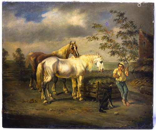 Italian painter from teh 19th century. Bucolic scene with shepherd and horses. Illegible sign on the