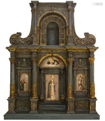 Beautiful edicola in lacquered and painted wood, 16th century, Sicily. H cm 110, cm 87x32.