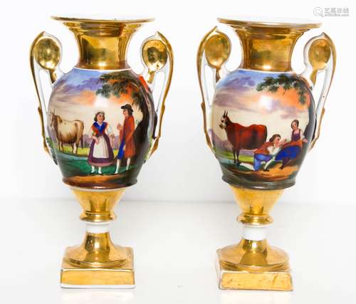 Pair of imperium vases, genre scene, 19th century. H cm 20