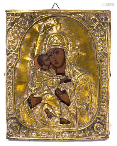 Russian icon with riza, late 17th century. Loving Virgin Mary. Cm 22x17