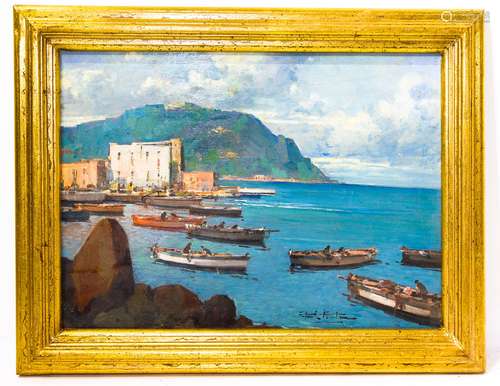 Fontana Fortunato (Naples, 1936). Mediterranean seashore. 30cm x 40cm, oil paint on canvas