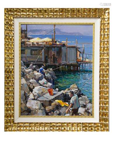 Vincenzo Aprile (Napoli 1952). Fisherman by the rocks. 50cm x 40cm, oil paint on plywood