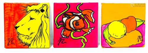 Rubens Fogacci (Bologna 1979). Pop Art Triptych. Clownfish, lion ed fruits. 20cm x 20cm, oil paint