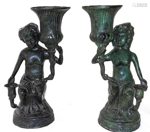 Pair of cire perdue bronzes. 19th century. Boy and girl. H cm 45