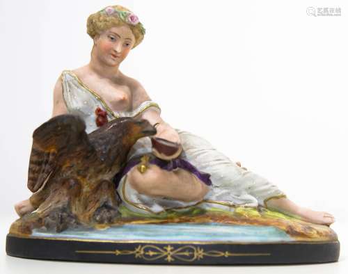 porcelain statuette. Late 19th century. Woman and eagle. Minor break. H cm 14