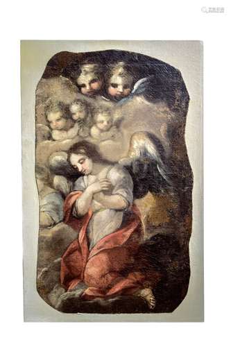 Italian painter of XVII Century. Angel with putti. Fragment. Cm 80x48, oil on canvas.