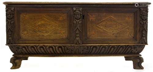 Chest from the 17th century, in walnut wood with inlaid work in the front. Cm 64x140x50.