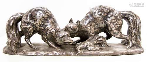 Cacciapuoti. 20th century. Thin-plate silver sculpture. Foxes and chickens. H 12 x39