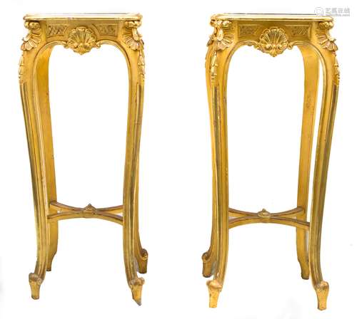 Pair of golden corner cupboard. Early 20th century. Deep-set marble surface. H cm 108x41x29