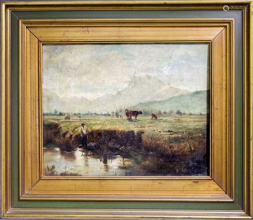 French painter from the 19th century. Landscape with a fisherman and cows. 38x47, Oil Paint on