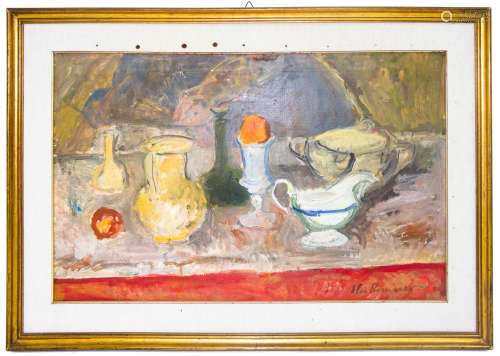 Elio Romano (Trapani, 1909 – Catania, 1996). Still life with vases. 50cmx 80cm, oil on canvas.