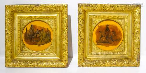 Painter from the 19th century. Pair of military scenes. 18cm x 18cm, prints in 19th century frame