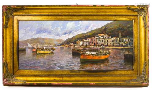 Riccardo Colucci (Naples, 1937). Harbor with ships. 35cm x 80cm, oil paint on plywood