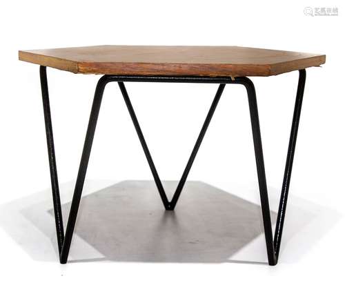 Isa Bergamo, designed by Gio Ponti. Hexagonal table with wooden and black lacquered metal. H cm