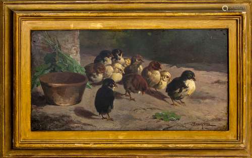 John Edmund Califano (Rome 1864-Los Angeles 1946). Chicks. 30 X 60, Oil paint on pressed