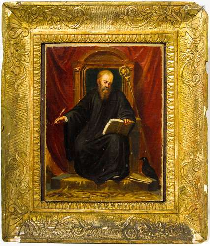 Saint on a throne. 28cm x 21,5cm , oil paint on canvas, applied on paper