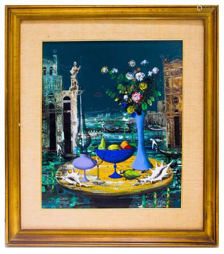 Jean Calogero( Catania 1922- Catania 2011 ). Still life with venetian landscape. 55cm x 45cm, oil on