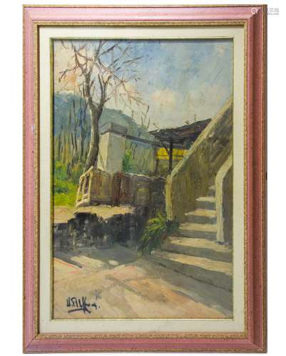 Painter from the 20th century. Landscape. 50cm x 70cm, oil paint on plywood. Illegible sign
