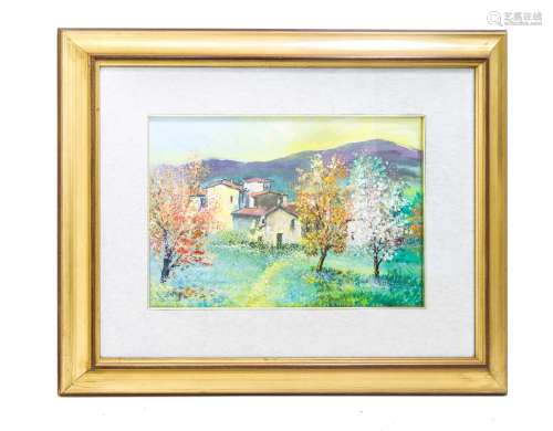 Italian painter from the 20th century. Landscape with houses and trees. 33x48, oil on canvas. Signed