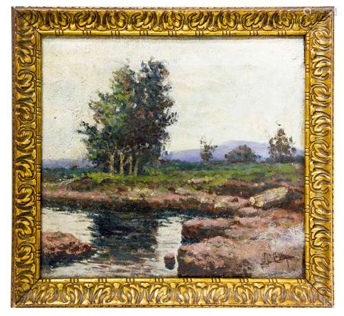 Sicilian painter, late 19th century. View of the Anapo river. 36cm x 39cm, oil on canvas