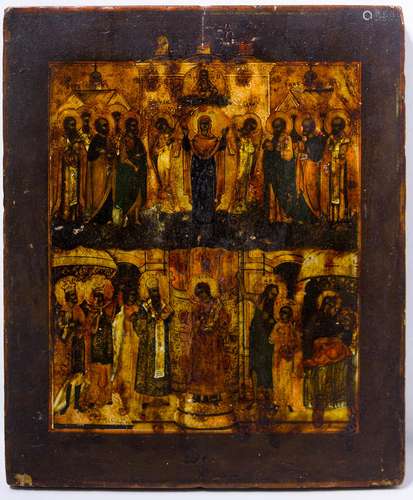 Russian icon, 19th century. Virgin Mary and Saints. Cm 35x29. Paint defects