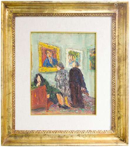 Rodolphe Banet (1901-1993). Interno di museo. 25x20, olio su tavoletta. Firmato in basso a destra