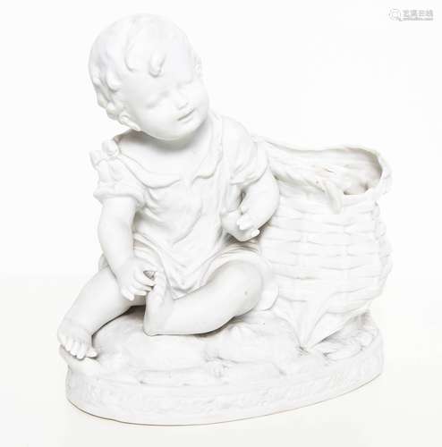 Porcelain statuette. Early 20th century. Little boy and a basket. H cm 20