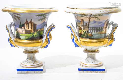 Pair of bowls. France, Charles X (1830). Painted porcelain with landscape. H Cm 30x25 . Minor