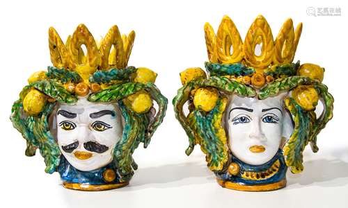 Caltagirone majolica, Sicily. Pair of teste di moro. 20th century. H cm 22