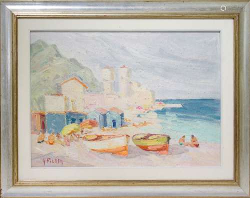 Giacomo Filosa. Seashore, boats by the seaside. 50cm x 70cm, oil paint on canvas