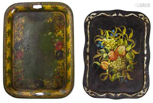 Pair of decorated laquered tin trays. Cm 61 e cm 55