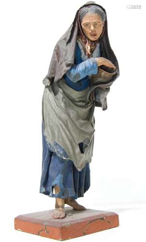 Papier-mâché statuette from Naples. Woman warming by a fire. H Cm 15