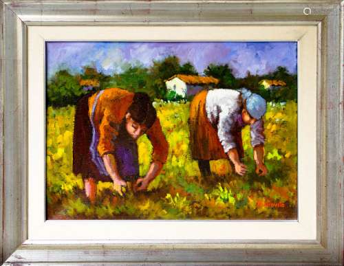 Adolfo Mastrovito. Farm workers, harvesting scene. 50cm x 70cm, oil paint on canvas. Signed on the