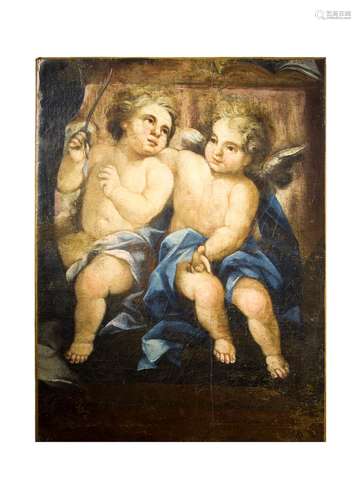 Italian painter of XVII Century. Couple of putti. Cm 80x59, oil on canvas.