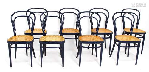 Thonet, Model 214. 8 deep blue curved beech tree chairs with Vienna straw sitting. Manufacturing