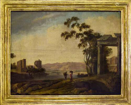 Italian painter from the 18th century. River landscape with characters and architectural ruins.