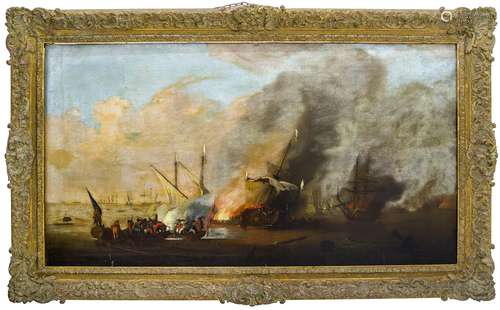 Dutch painter from the 18th century. Battleship and people. 57cm x 107cm, Oil paint on canvas.